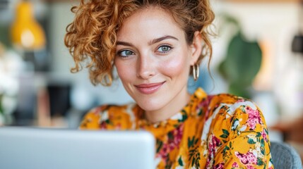 Poster - Vibrant Remote Work Narrative Gen Z Creative Professional Embracing Flexible Digital Lifestyle with Expressive Curly Hair and Bold Floral Aesthetic