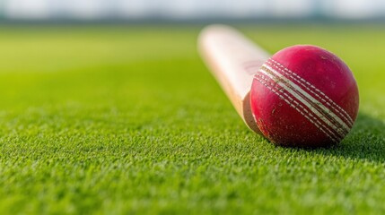 Poster - Mindful Sports Performance Vibrant Cricket Ball and Wooden Bat on Emerald Grass - Capturing Precision, Wellness, and Athletic Potential in High-Resolution Detail