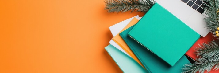 Aufkleber - Vibrant Digital Learning Aesthetic Modern Workspace Composition with Colorful Notebooks, Laptop, and Festive Pine Accents - Creative Study and Remote Work Inspiration