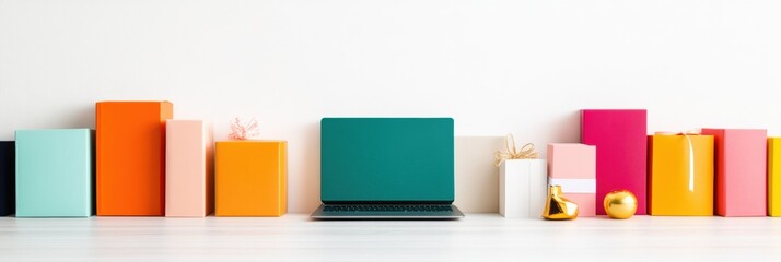 Poster - Digital Learning Revolution Vibrant Minimalist Workspace Showcasing Modern Educations Colorful Intersection of Traditional Textbooks and Contemporary Technology