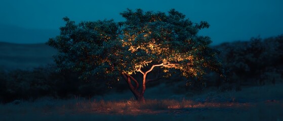 Fototapete - Silhouetted tree standing tall against a starry night sky its branches bathed in the soft ethereal glow of moonlight in a tranquil serene natural landscape  This atmospheric