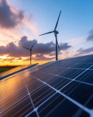 Poster - Net Zero Future Cinematic Renewable Energy Landscape with Solar Panels and Wind Turbines - Sustainable Innovation at Golden Hour Twilight