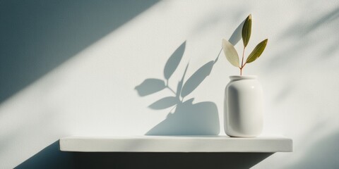 Aufkleber - Minimalist Botanical Stillness Serene Ceramic Vase with Organic Leaves Casting Soft Shadows - Contemporary Interior Design Inspiration