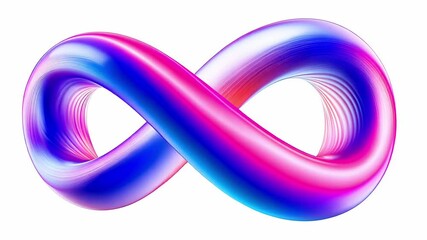 Infinity symbols with iridescent and vibrant neon glowing colors rotating slowly on a white background