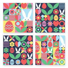 Wall Mural - collection of easter background in geometric style. mosaic with bunny, egg and flower. abstract desi