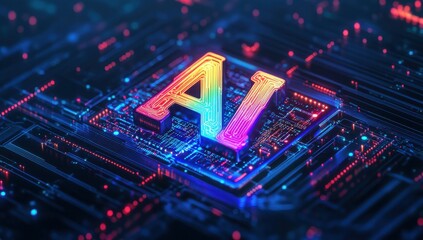 Wall Mural - colorful ai lettering on circuit board with neon lights showcasing future technology in digital spac