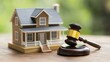 © Cheewynn - A model house beside a gavel symbolizes real estate law and property disputes in a legal context.