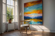 © Irina - Bright Corner with a Scenic Landscape: Cozy Chair, Window, and oil Painting of Sunset