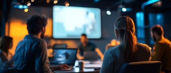 Wall Mural - a diverse team engaged in a meeting room with a projector and laptops, focusing attentively on a pre