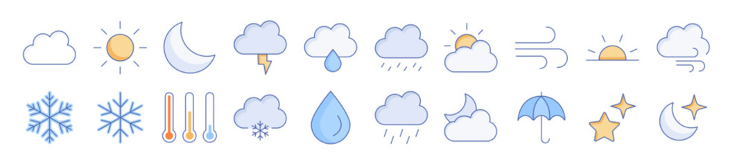 colored rounded line icon set weather climate clouds sun temperature