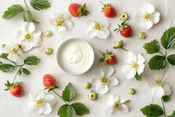Aufkleber - Fresh strawberries and flowers arranged around a bowl of creamy yogurt on a light background during springtime