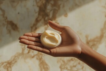 Poster - Hand holding a jar of cream against a textured backdrop in soft lighting