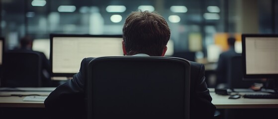 Wall Mural - viewed from behind, a focused person works intently at a computer in a dimly lit modern office, embo