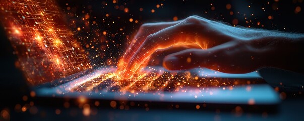 Wall Mural - hand interacting with illuminated keyboard representing futuristic technology
