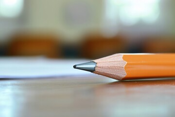 Aufkleber - Close-up view of a sharpened pencil resting on a wooden table in a classroom setting during a study period