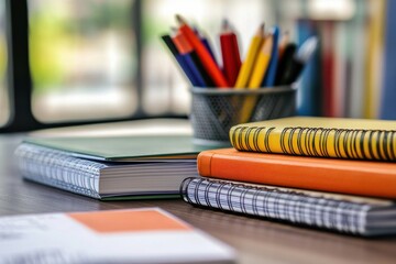 Aufkleber - Study materials arranged on a desk with notebooks and colorful pencils in a well-lit room during the day