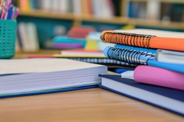 Aufkleber - Study materials arranged on a wooden table in a vibrant classroom during the afternoon