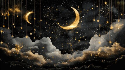 A painting of a night sky with two crescent moons and a lot of stars