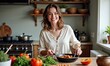 © Ruslan Gilmanshin - happy woman cooking a fresh meal in a cozy, well-equipped kitchen, surrounded by vibrant vegetables. This image captures the warmth and joy of home cooking and healthy living