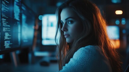 Young woman thoughtfully examines computer code on several screens