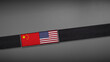 © patera - 3D rendering of two flag from China and United States on a dark band, symbolizing political relations, diplomacy, or conflict. simple, clean Gray background for focus, seriousness, formality