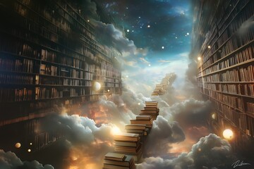 Wall Mural - bookshelf in the night sky with clouds and sun.