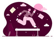 © Bi - overcome obstacle or challenge success journey or aspirations determination progress or effort to overcome difficulty concept confidence businesswoman entrepreneur jumping over series of hurdles.