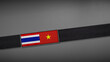 © patera - 3D rendering of two flag from Thailand and Vietnam on a dark band, symbolizing political relations, diplomacy, or conflict. simple, clean Gray background for focus, seriousness, formality