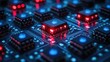 © ANUAR - Intricate Close-Up of Circuit Board with Glowing Chips and Red Lights Representing Technology, Innovation, and Modern Electronics Design