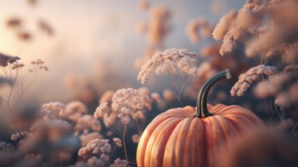 Wall Mural - Pumpkin in warm autumn colors. Flowers with a delicate structure and transparent petals. The background is slightly blurred and there is room for text.
