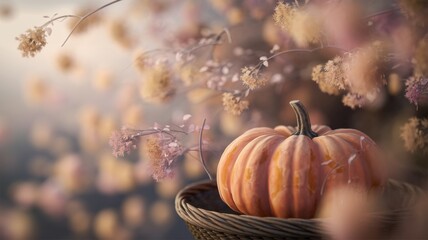 Wall Mural - Pumpkin in warm autumn colors. Flowers with a delicate structure and transparent petals. The background is slightly blurred and there is room for text.