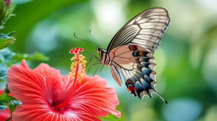 Poster - A close-up of a butterfly with intricate wing patterns hovering over a bright red hibiscus flower.