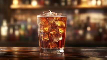 Poster - A cold glass of beer with ice cubes, condensation forming on the surface, set on a wooden bar counter.