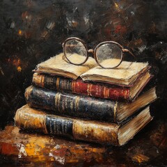 Poster - A Stack of Knowledge: Vintage Books and Spectacles, a Study in Textures and Light, Oil Painting Style