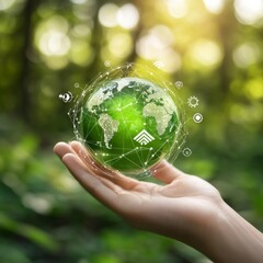 Fototapete - Green Earth in Hand: Global Connectivity and Sustainability for a Brighter Future, held gently in a human palm.