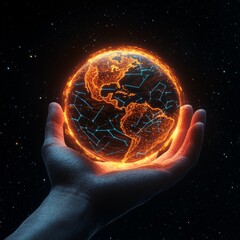 Aufkleber - Holding the Connected World: A Global Network in the Palm of a Hand, Illuminated Against a Starry Sky