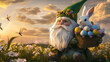 © Anastasiia - A spring gnome with a gentle face, a green hat, and a flowered beard rides a large pink rabbit through tall grass. He holds a bucket full of Easter eggs. Warm sunset light and fireflies create a magic