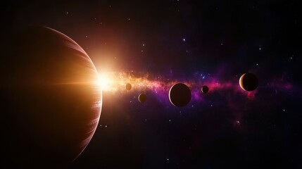 Wall Mural - large, striped planet with a glowing sun peeking behind it, illuminating a colorful nebula and a ser