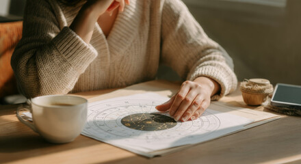female caucasian adult reading astrology chart with coffee in cozy setting