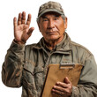 © Felly - Elderly man in a cap and jacket holds a clipboard, greeting with a raised hand in a warm setting