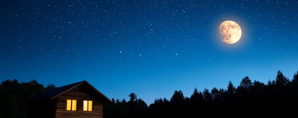 Wall Mural - Glowing moonlight illuminating wooden cabin windows against dark starry backdrop, radiating warmth and tranquil wilderness ambiance