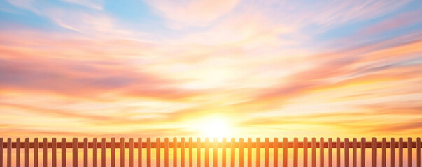 Wall Mural - Warm sunlight casting golden glow across rustic wooden fence with vibrant sky backdrop, highlighting dramatic landscape