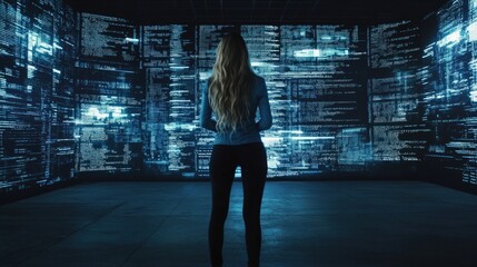 woman observes digital code in a dark room
