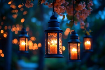 Wall Mural - Hanging lanterns illuminating a summer night with candlelight