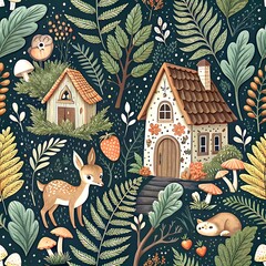 enchanted forest cottage scene with cute deer and cat illustration art home blue dark card house