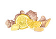 © Masha_tolk_art - Ginger root heap. Whole and slices ginger. Watercolor illustration illustration of raw seasoning. Natural organic product for recipe, package. For treating colds, strengthening the immune system