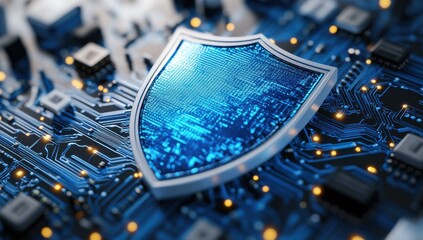 Wall Mural - shield icon over circuit board background representing digital security and cyber protection in tech