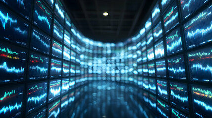 A futuristic digital environment showcasing an array of screens displaying dynamic data visuals, representing innovation and advanced technology in data processing and analysis.