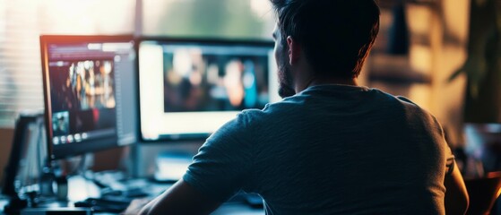Wall Mural - a young individual is engrossed in work at a dual-monitor setup, reflecting focus, determination, an