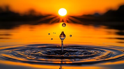 Poster - Water Drop Splash Sunset Reflection